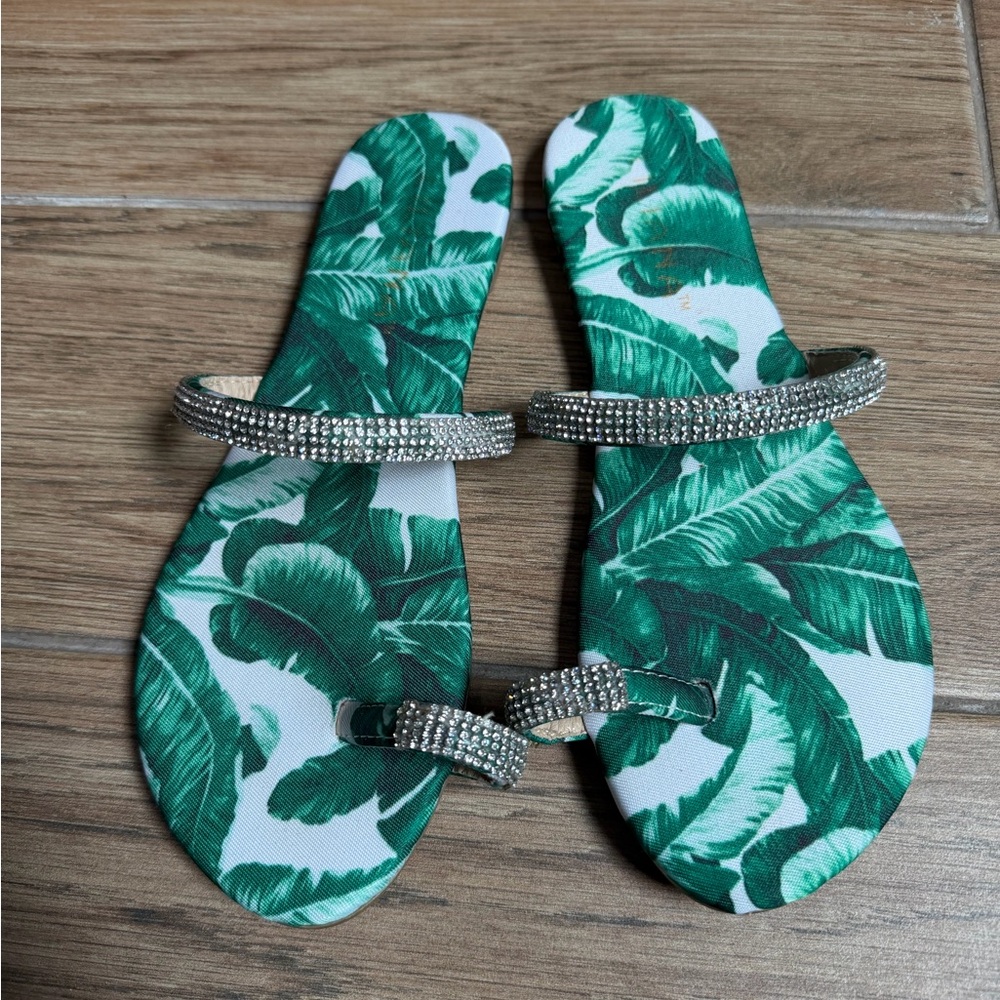 Green Leaf Print Women's Sandals with Rhinestone Straps
